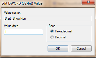 DWORD edit for Start ShowRun key in regedit