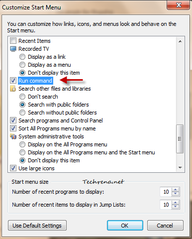 Run command option in start menu customize