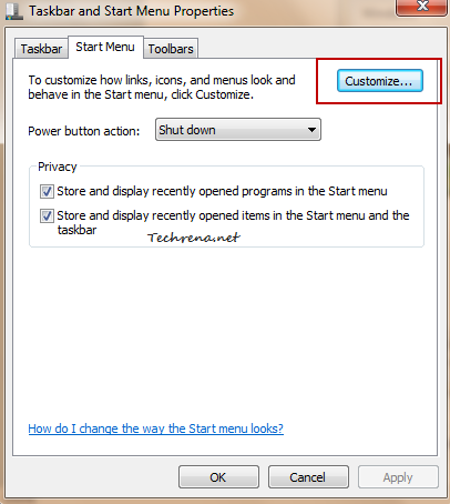 Start menu properties customize option