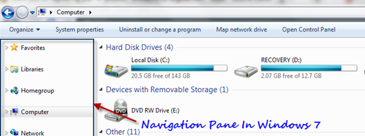 Navigation pane in windows 7