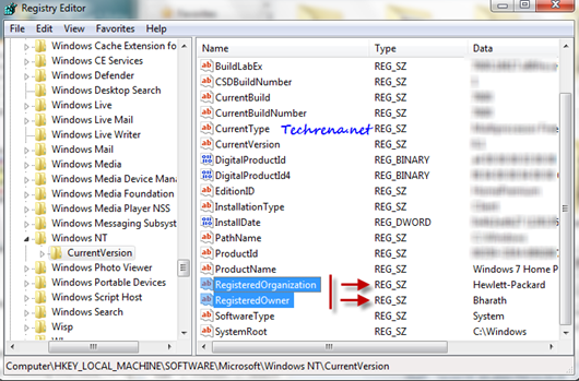 regedit owner and organization