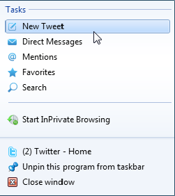 Twitter jump lists in IE 9