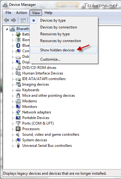 Show hidden devices in Device Manager