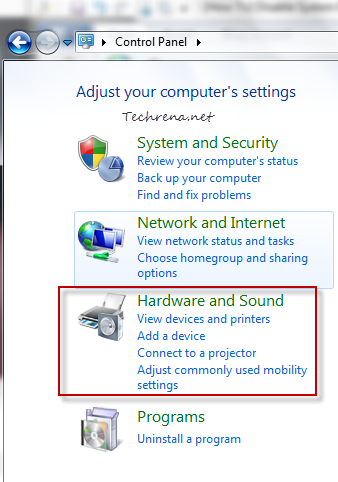 Hardware and sound section in Control Panel