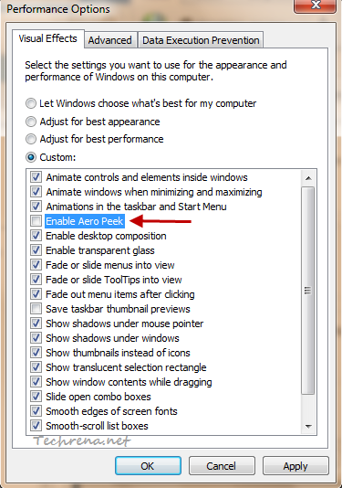 Aero Peek settings in Performance Options