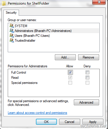 ShellFolder permissions options