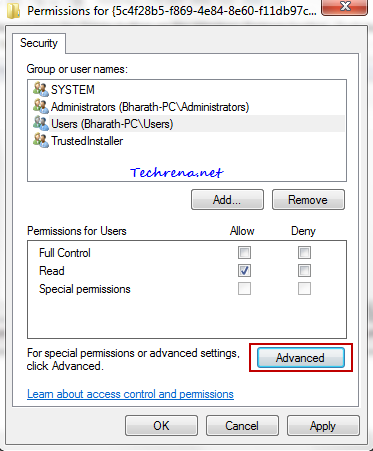 Permissions settings window for registry keys