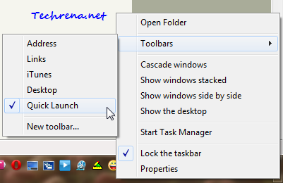 Quick Launch bar in context menu