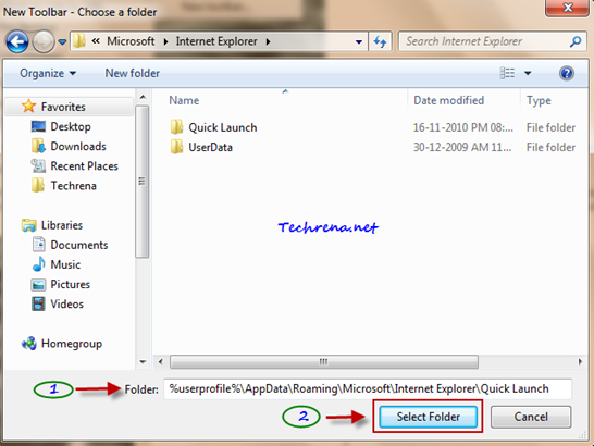 Select folder for new Quick launch toolbar