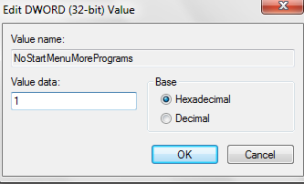 NoStartMenuMorePrograms value data change