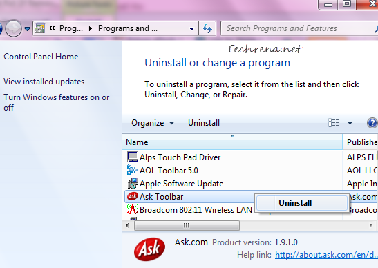 Ask toolbar control panel uninstall