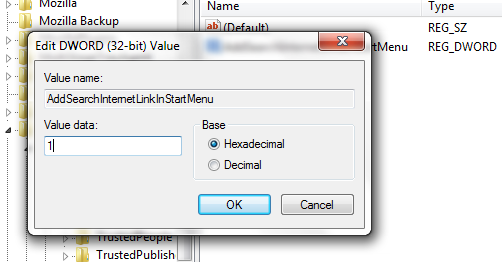 Adding search internet link in the Start Menu key value 