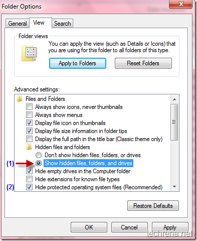 Check show hidden files, folders in Windows 7