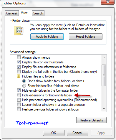 Hide extensions for known files under folder options