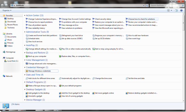 Windows 7 GodMode control settings list