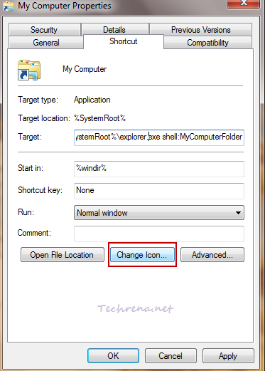 My computer shortcut properties 