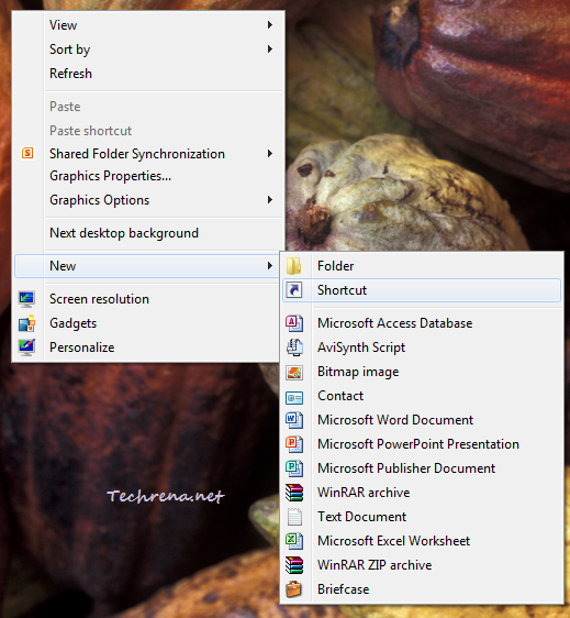 new shortcut desktop right-click context menu