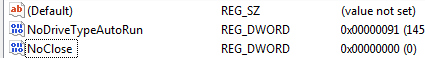 NoClose new dword in regedit