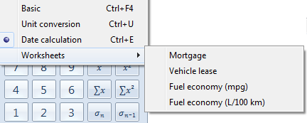 Windows 7 Calculator worksheets menu